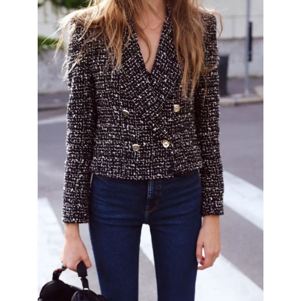 ZARA Double Breasted Black & White Crop Tweed Blazer Jacket | Size XS